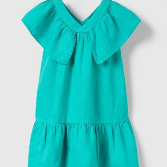 Zara girls size 3-4 year teal green turquoise 100% linen short ruffle sleeve min - Picture 1 of 5